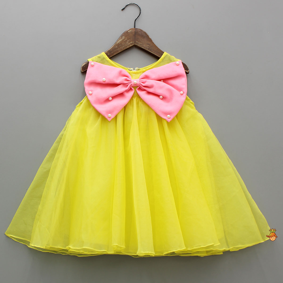 Contrasting Pink Bow-Embellished Yellow Dress