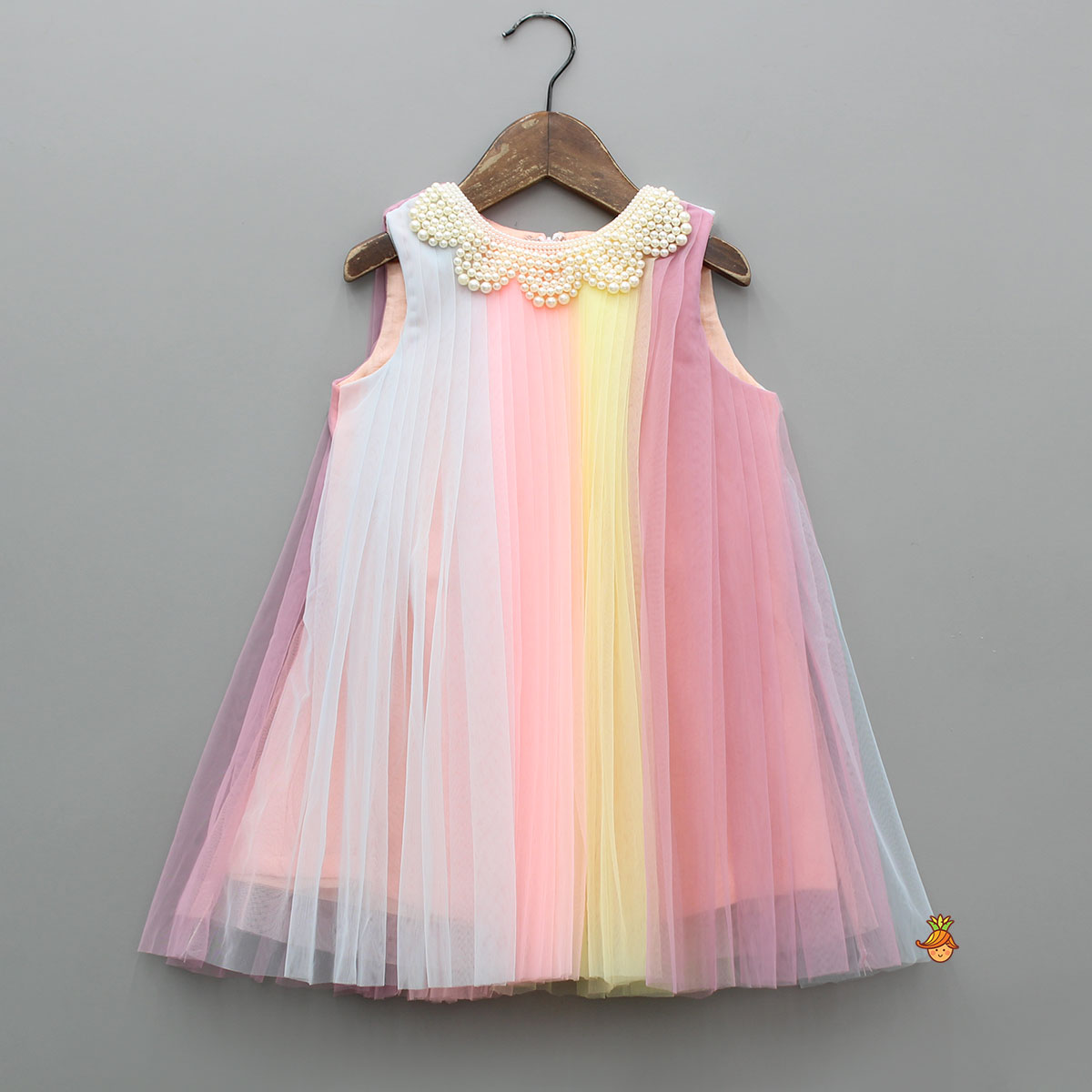 Pre Order: Cute Multicolour Pleated Embellished Net Dress