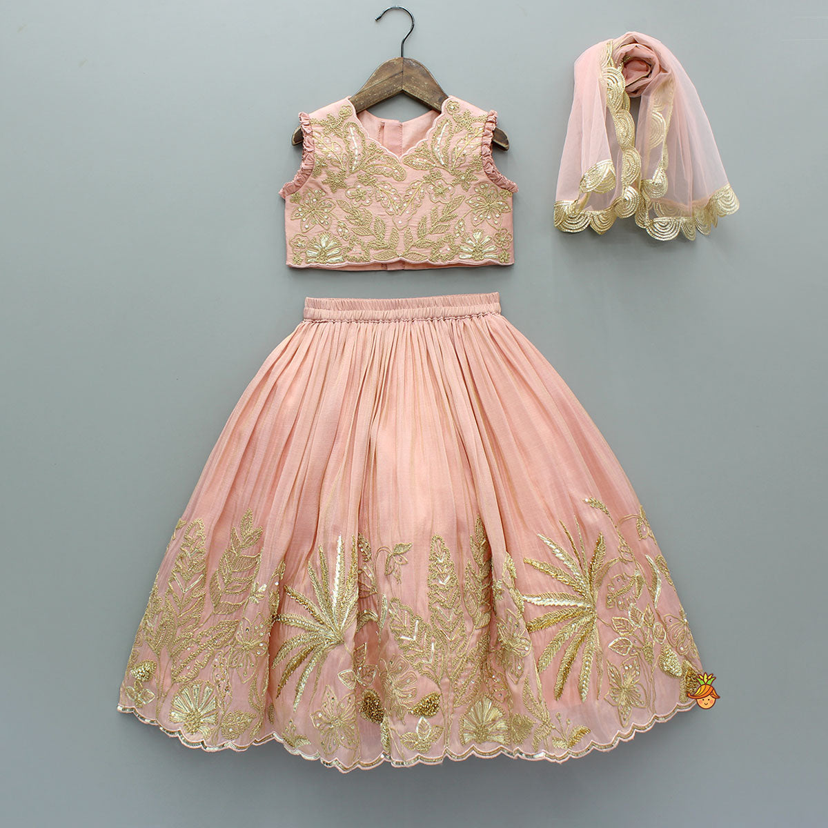 Pre Order: Gorgeous Shimmery Embroidered Top With Shimmery Flared Lehenga And Dupatta