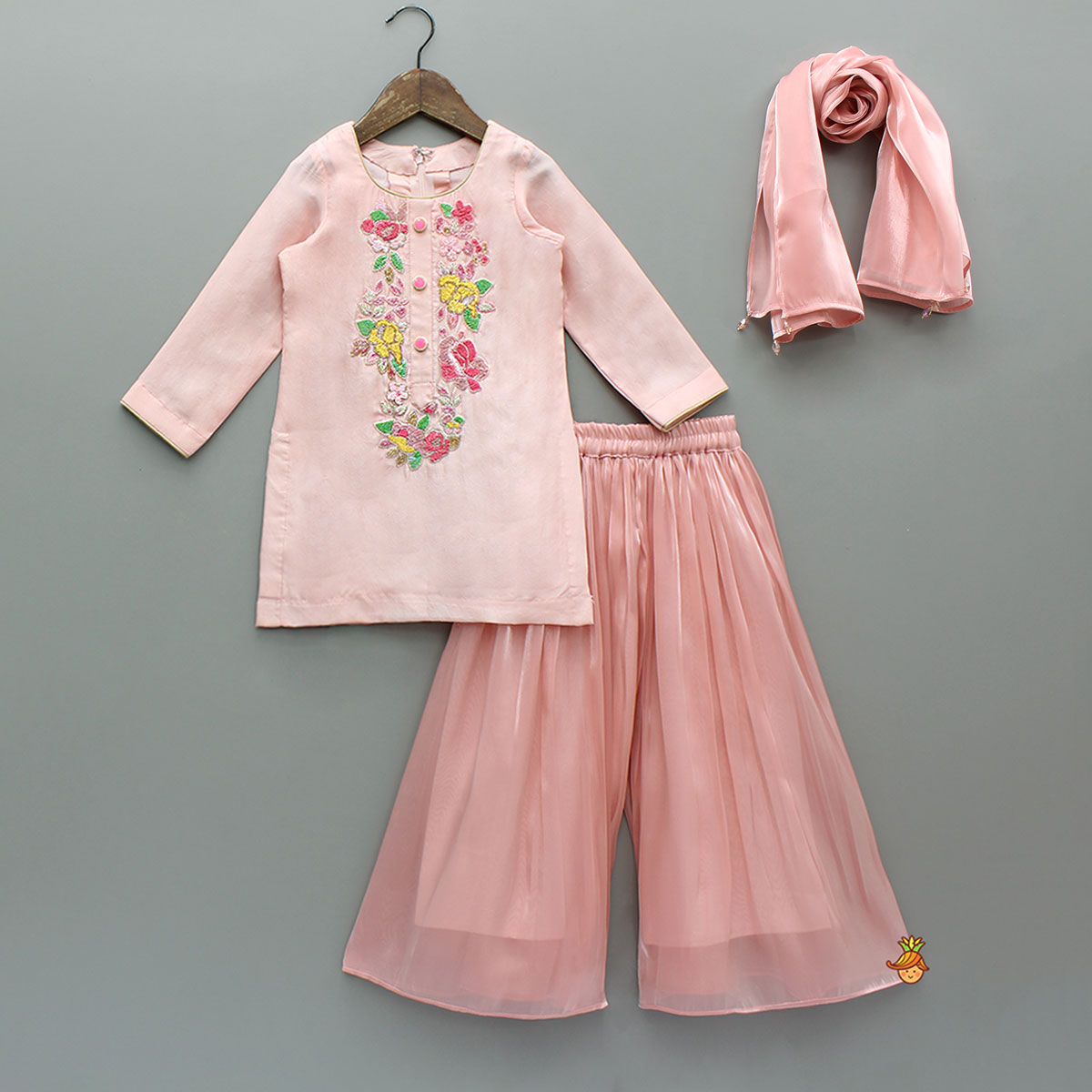 Pre Order: Gorgeous Floral Embroidered Kurti With Pleated Palazzo And Dupatta