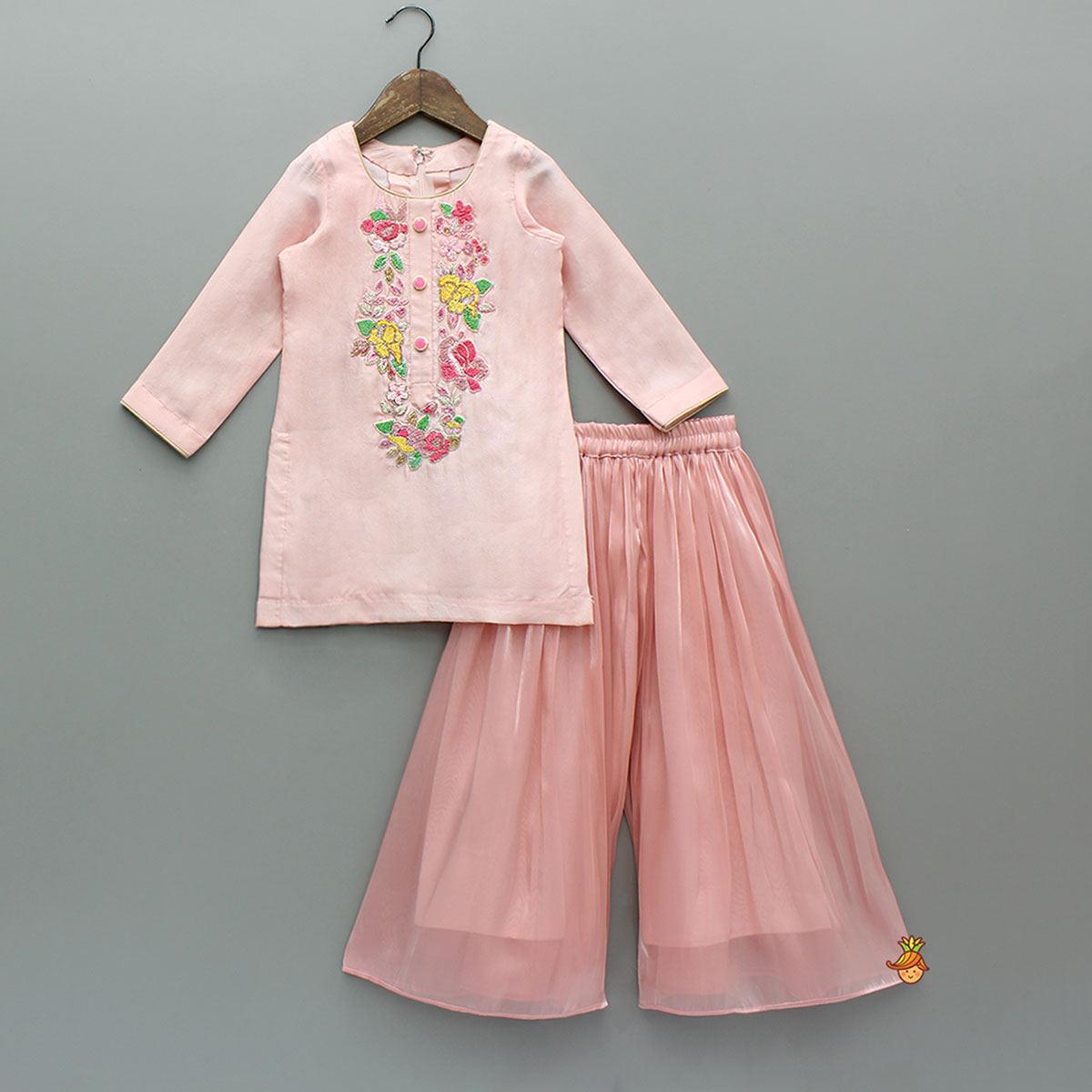 Pre Order: Gorgeous Floral Embroidered Kurti With Pleated Palazzo And Dupatta