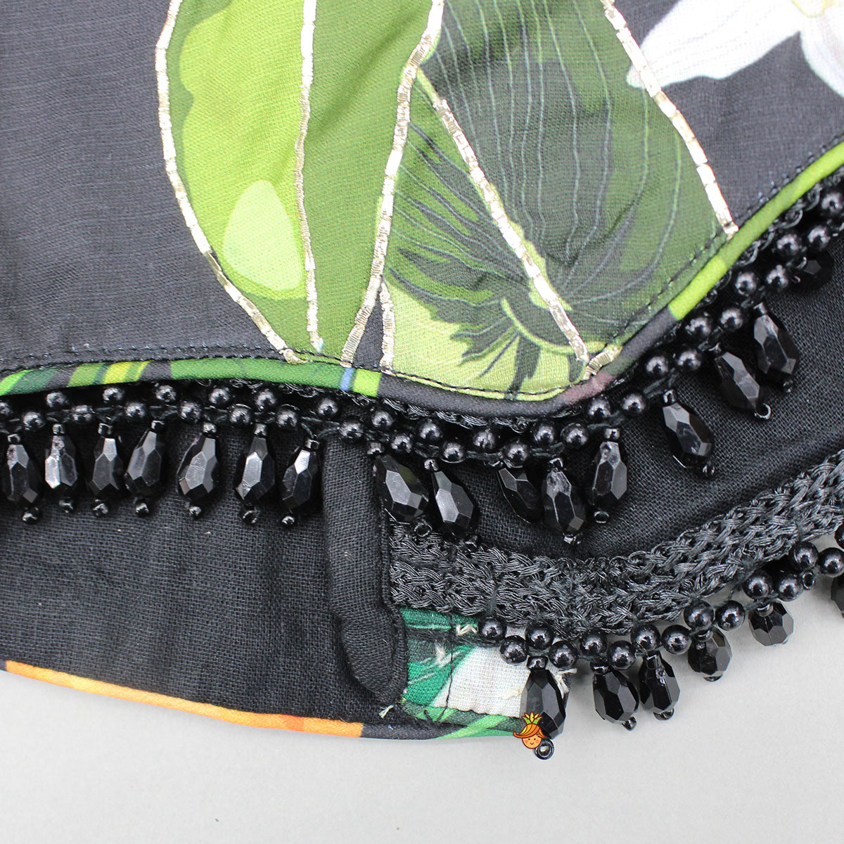 Pre Order: Black Tropical Print Strappy Top With Lehenga