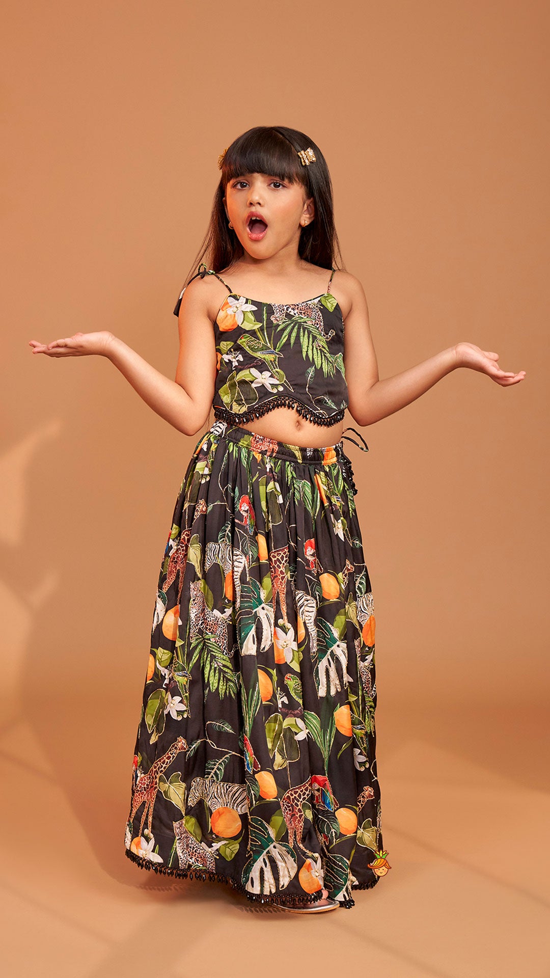 Pre Order: Black Tropical Print Strappy Top With Lehenga