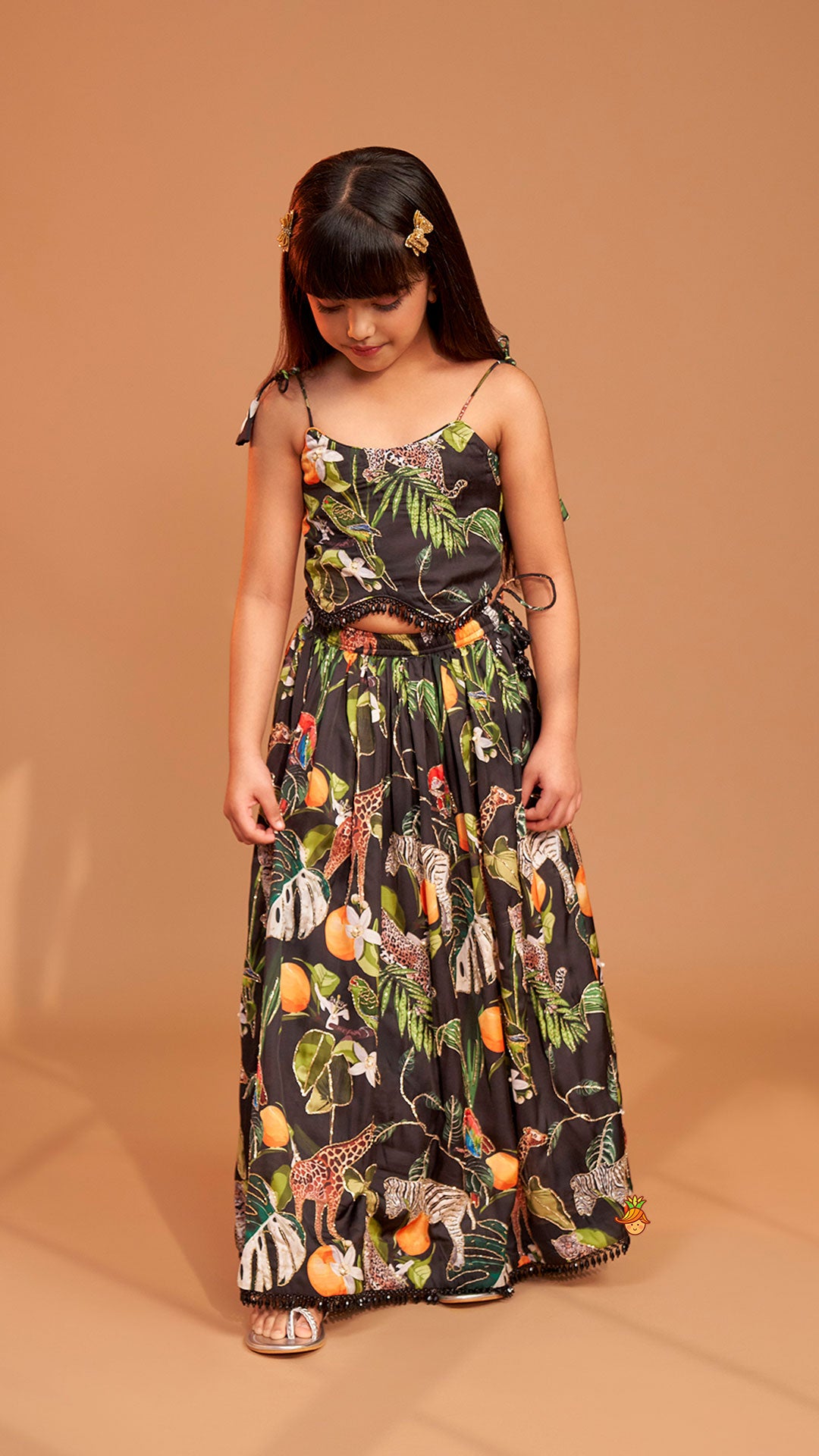 Pre Order: Black Tropical Print Strappy Top With Lehenga