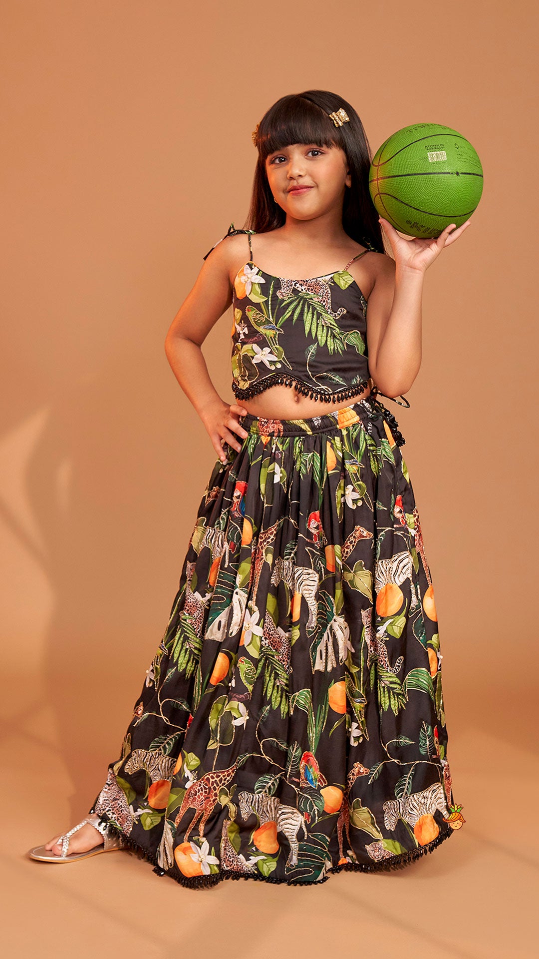 Pre Order: Black Tropical Print Strappy Top With Lehenga
