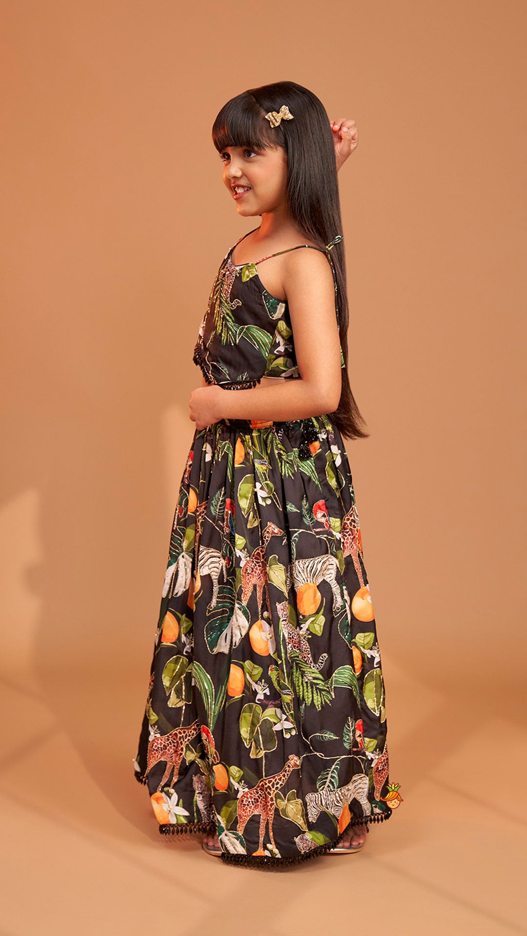 Pre Order: Black Tropical Print Strappy Top With Lehenga