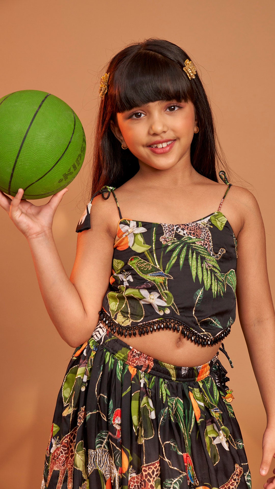 Pre Order: Black Tropical Print Strappy Top With Lehenga