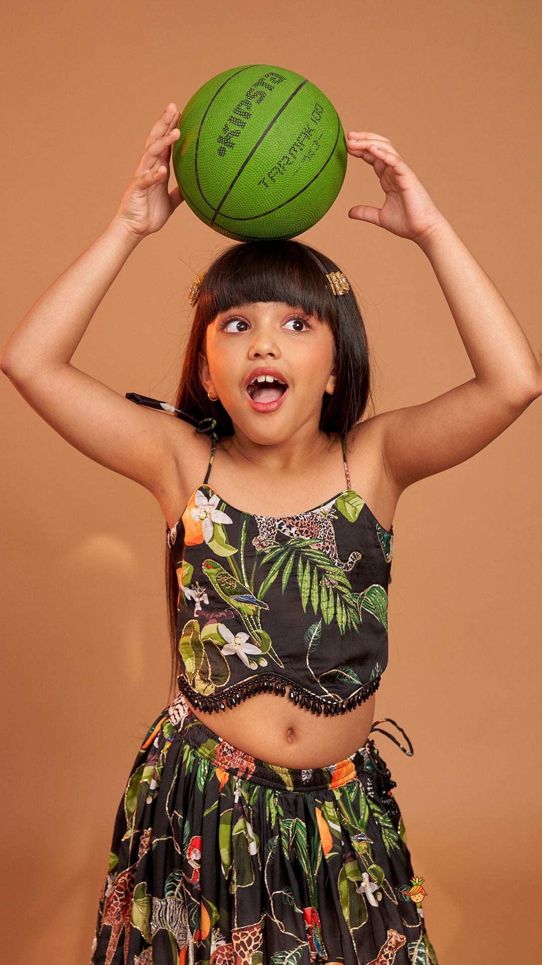 Pre Order: Black Tropical Print Strappy Top With Lehenga