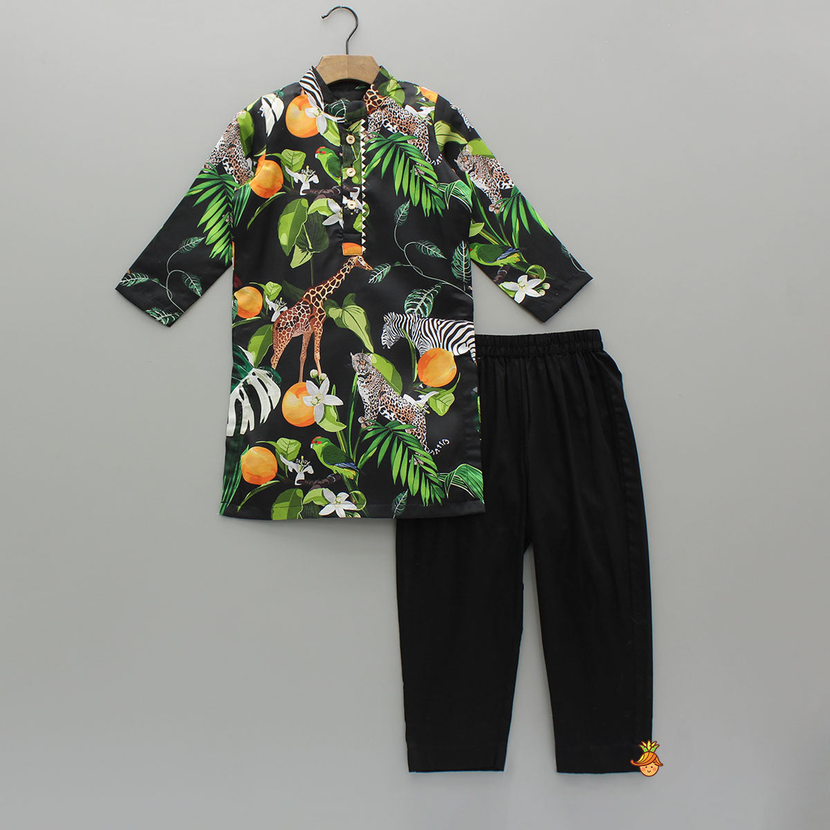 Pre Order: Black Jungle Safari Printed Kurta With Pyjama