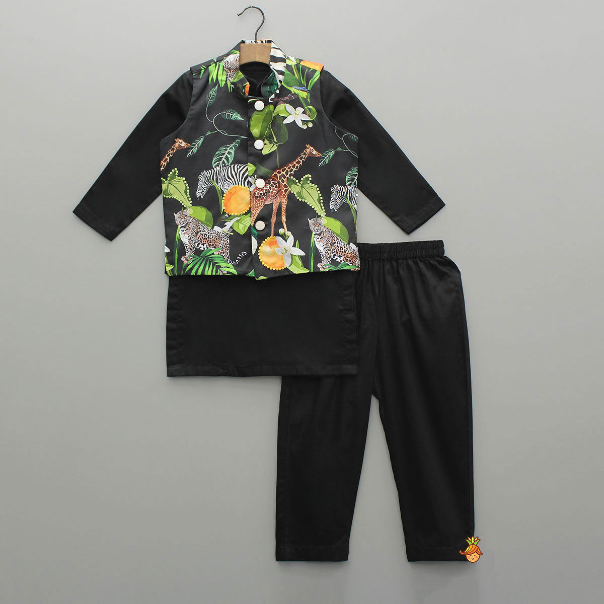 Pre Order: Black Kurta With Safari Printed Jacket And Pyjama