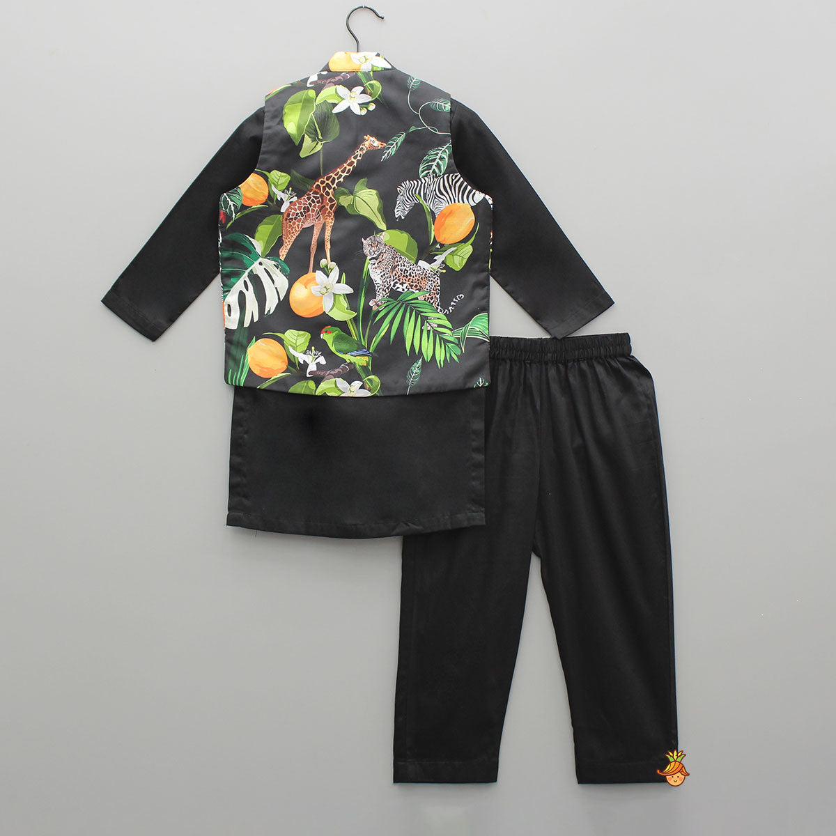 Pre Order: Black Kurta With Safari Printed Jacket And Pyjama