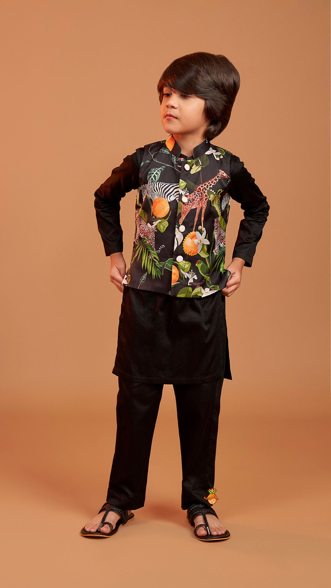 Pre Order: Black Kurta With Safari Printed Jacket And Pyjama