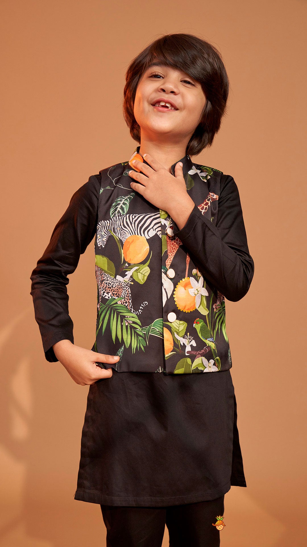 Pre Order: Black Kurta With Safari Printed Jacket And Pyjama