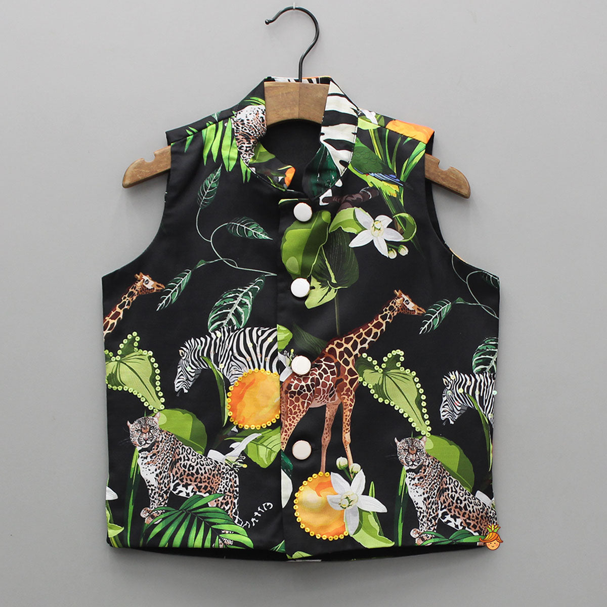 Pre Order: Black Kurta With Safari Printed Jacket And Pyjama