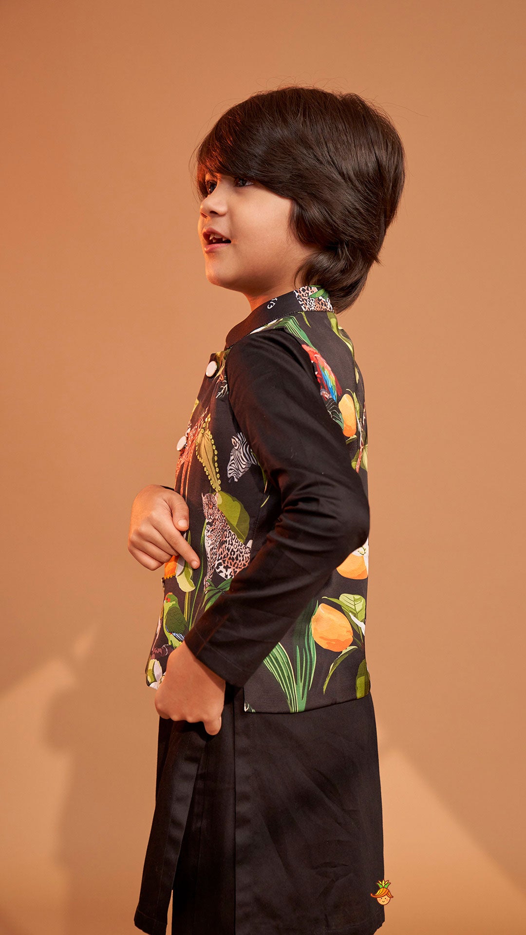 Pre Order: Black Kurta With Safari Printed Jacket And Pyjama
