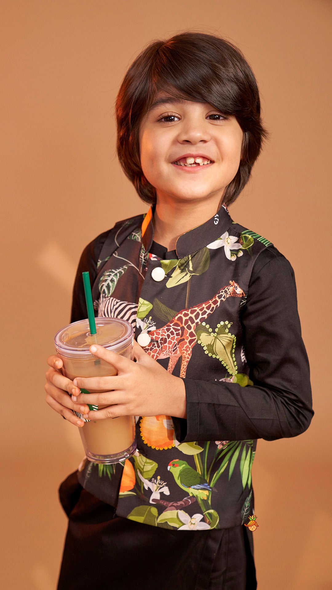 Pre Order: Black Kurta With Safari Printed Jacket And Pyjama