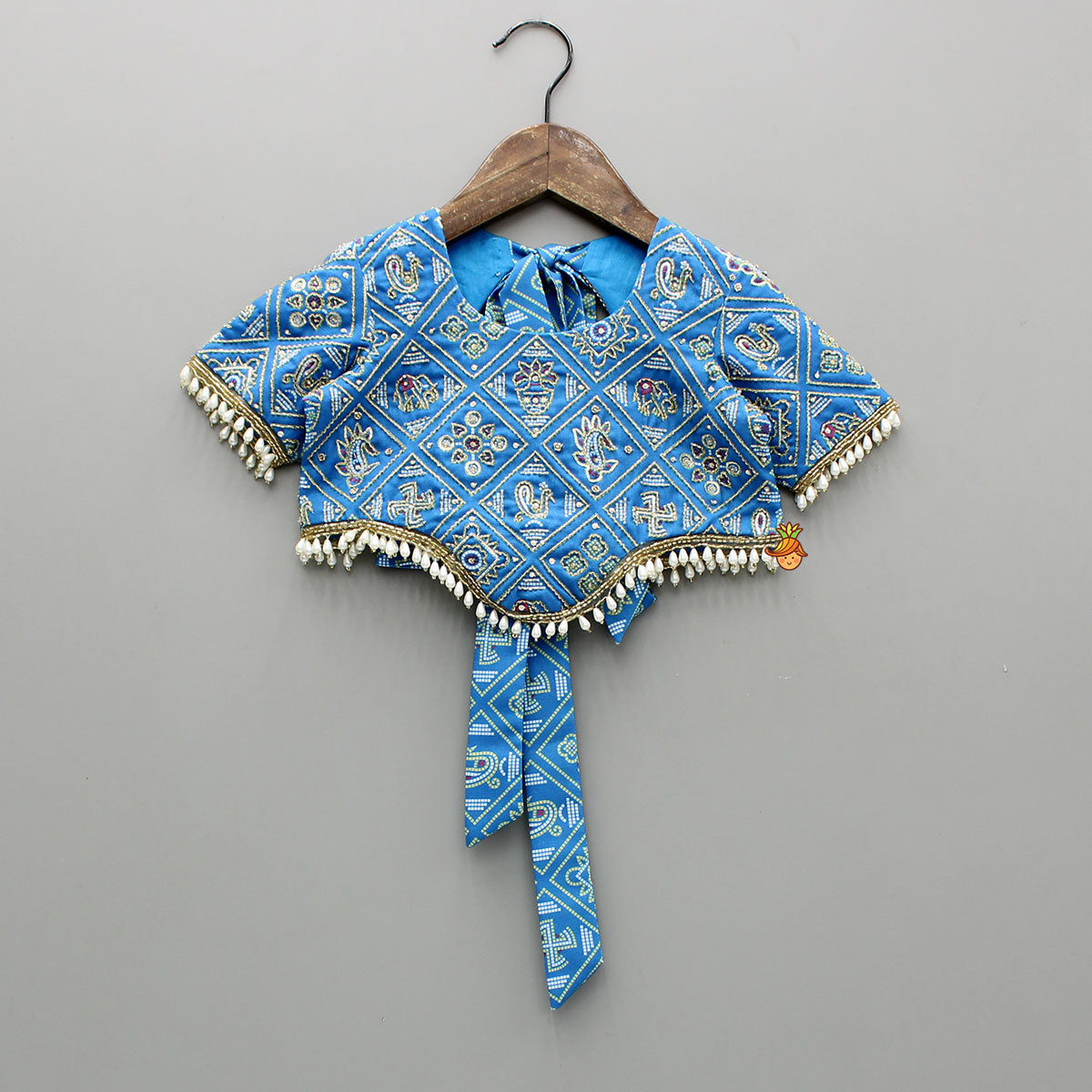 Pre Order: Blue Bandhani Printed Top With Lehenga And Dupatta