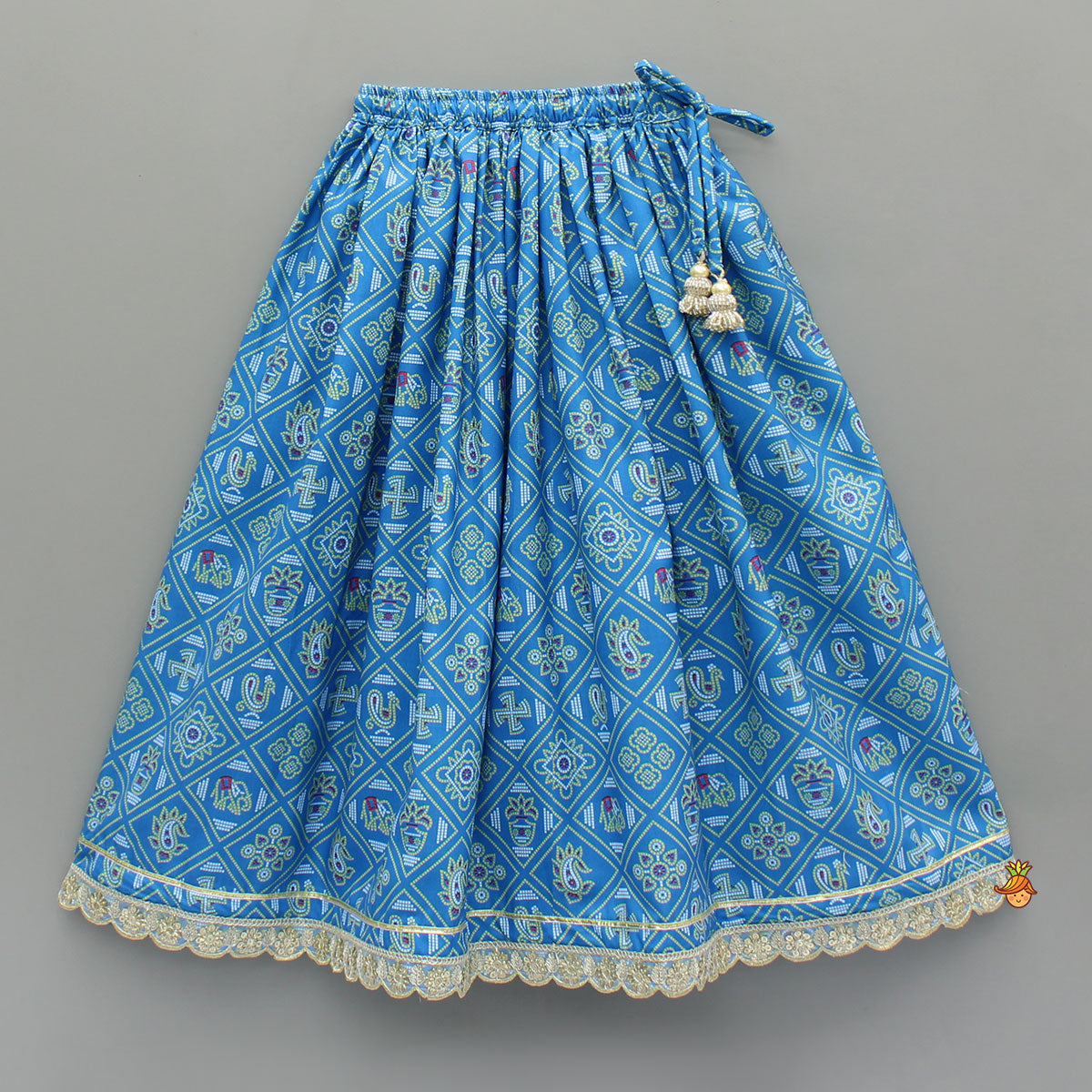 Pre Order: Blue Bandhani Printed Top With Lehenga And Dupatta
