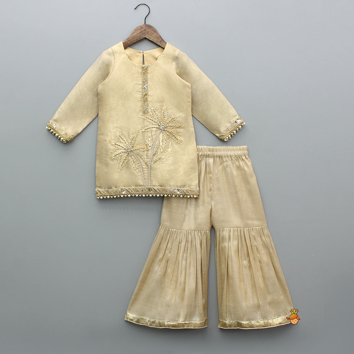 Pre Order: Stunning Beige Hand Embroidered Sheen Kurti With Sharara