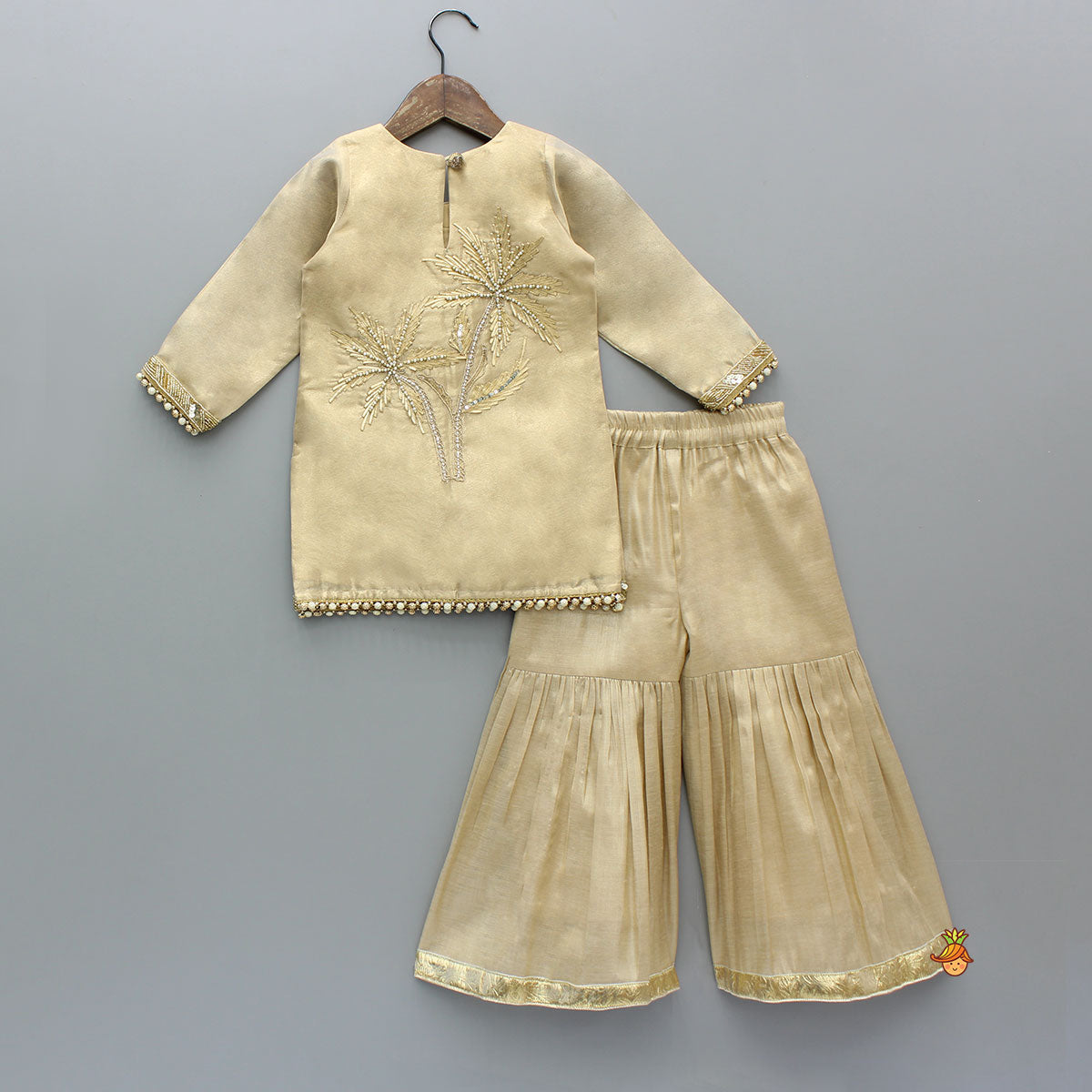 Pre Order: Stunning Beige Hand Embroidered Sheen Kurti With Sharara