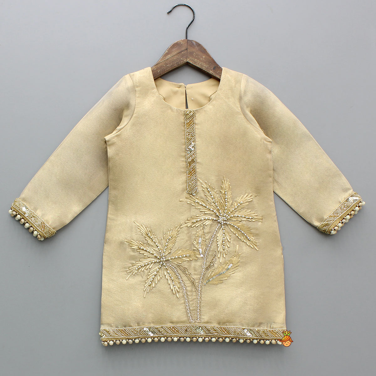 Pre Order: Stunning Beige Hand Embroidered Sheen Kurti With Sharara