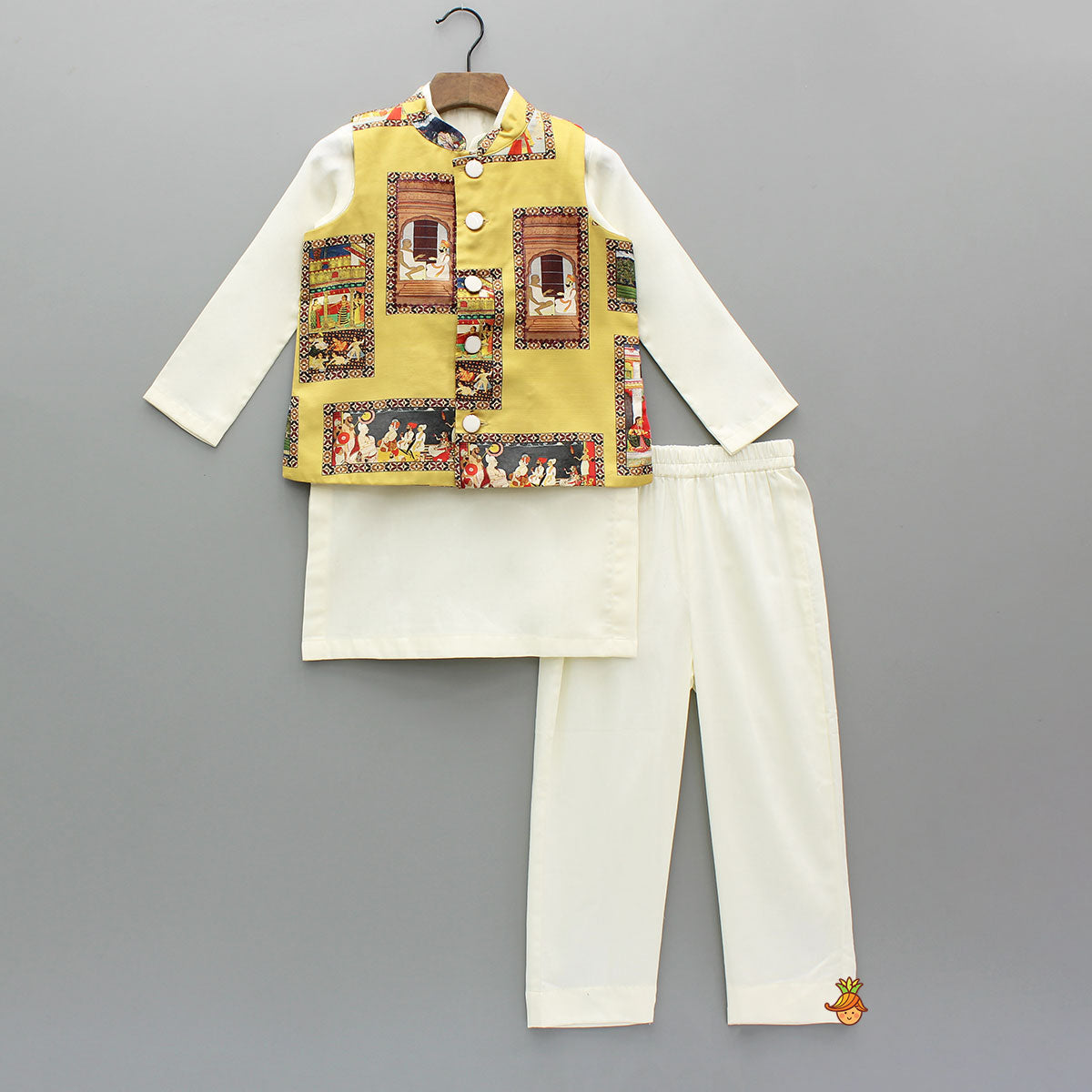 Pre Order: Kurta With Exquisite Yellow Ethnic Printed Jacket And Pyjama