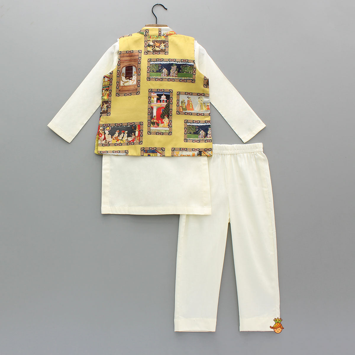 Pre Order: Kurta With Exquisite Yellow Ethnic Printed Jacket And Pyjama