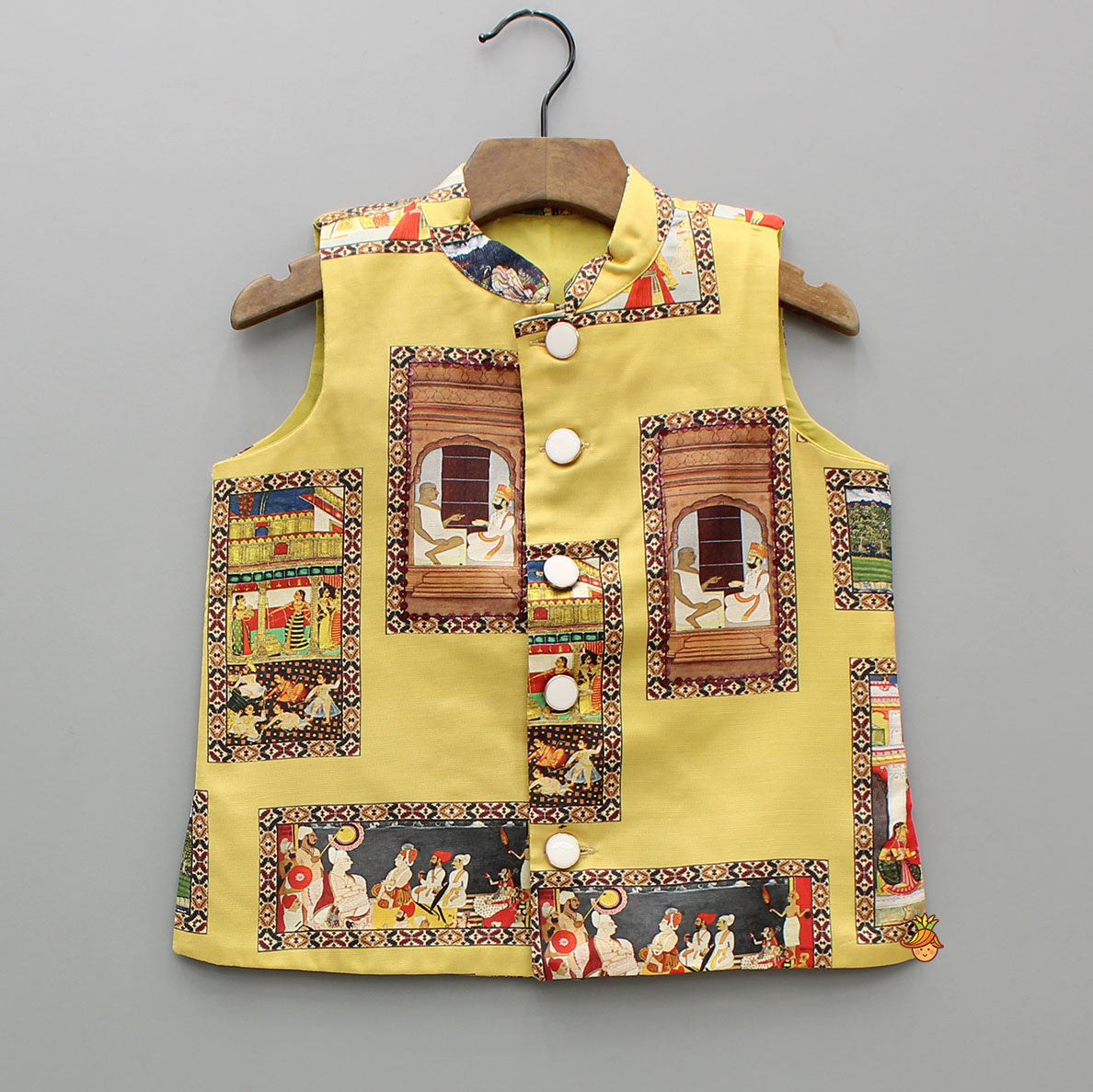 Pre Order: Kurta With Exquisite Yellow Ethnic Printed Jacket And Pyjama
