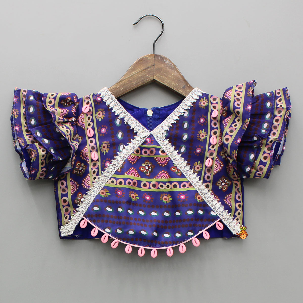 Pre Order: Layered Sleeves Blue Top And Fabric Flower Tassels Enhanced Lehenga With Purple Net Dupatta