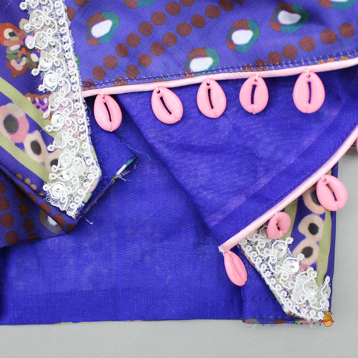Pre Order: Layered Sleeves Blue Top And Fabric Flower Tassels Enhanced Lehenga With Purple Net Dupatta