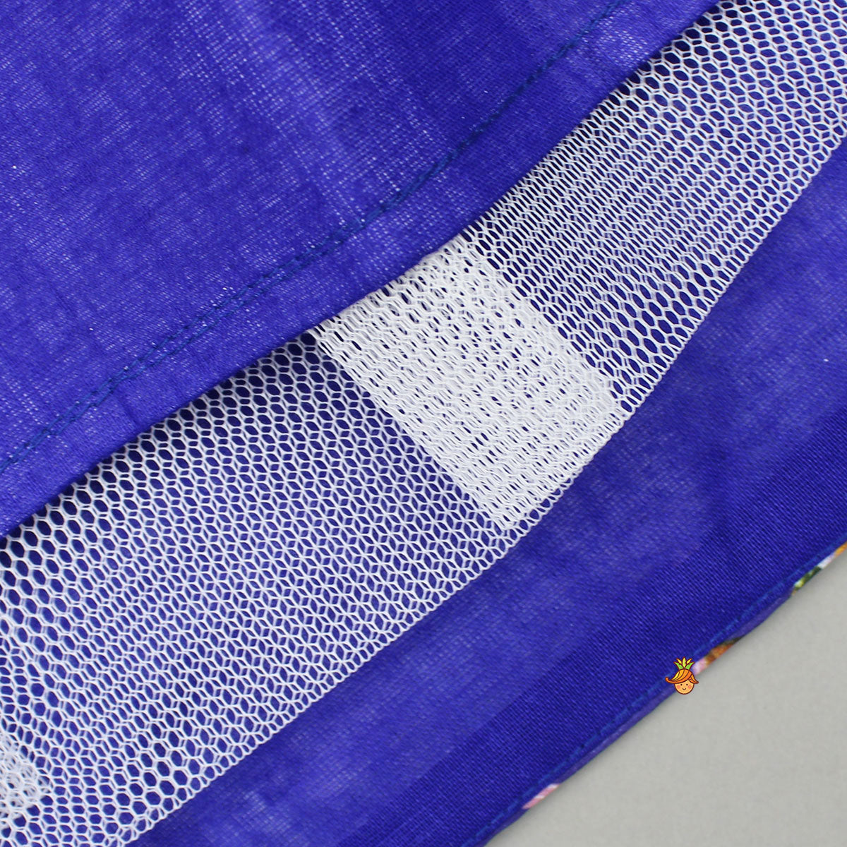 Pre Order: Layered Sleeves Blue Top And Fabric Flower Tassels Enhanced Lehenga With Purple Net Dupatta
