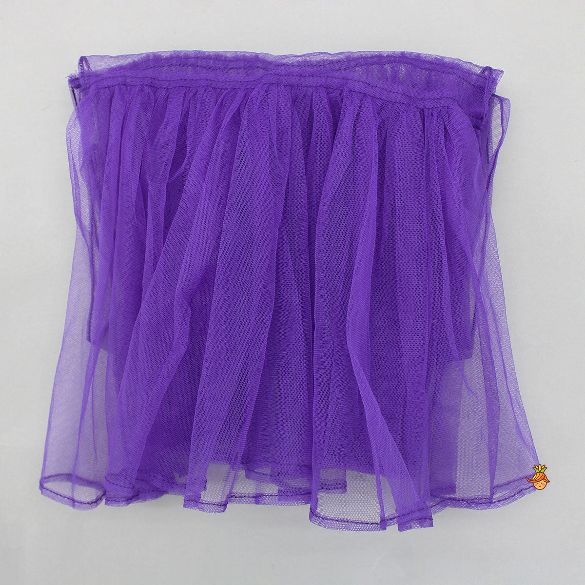 Pre Order: Layered Sleeves Blue Top And Fabric Flower Tassels Enhanced Lehenga With Purple Net Dupatta
