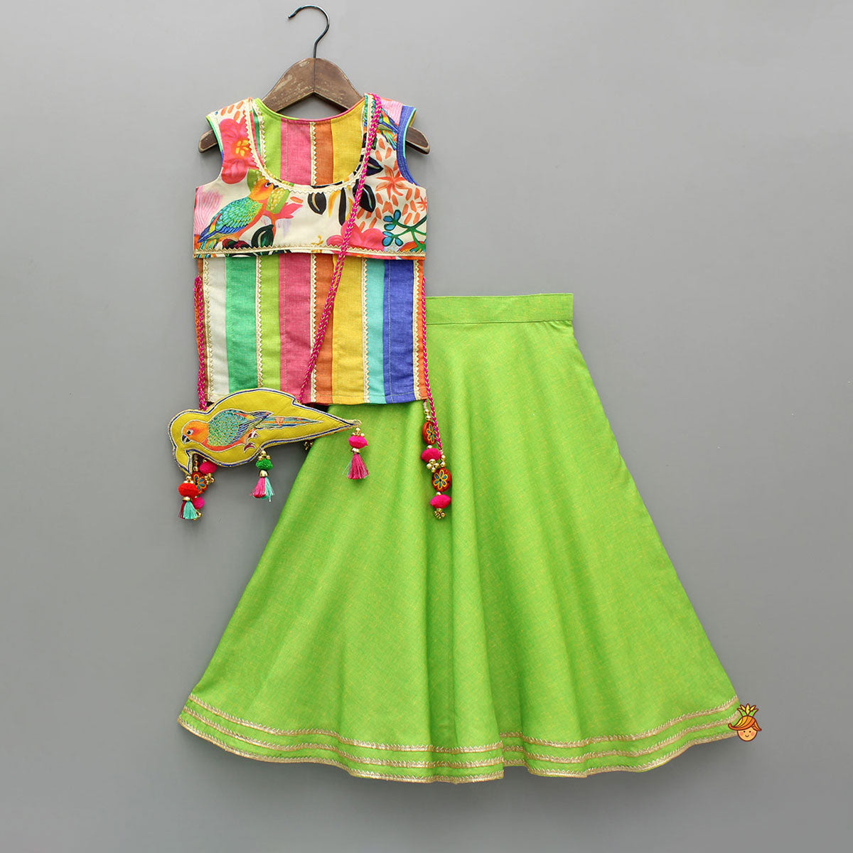 Pre Order: Multicoloured Stylish Kurta With Green Lehenga And Matching Bag