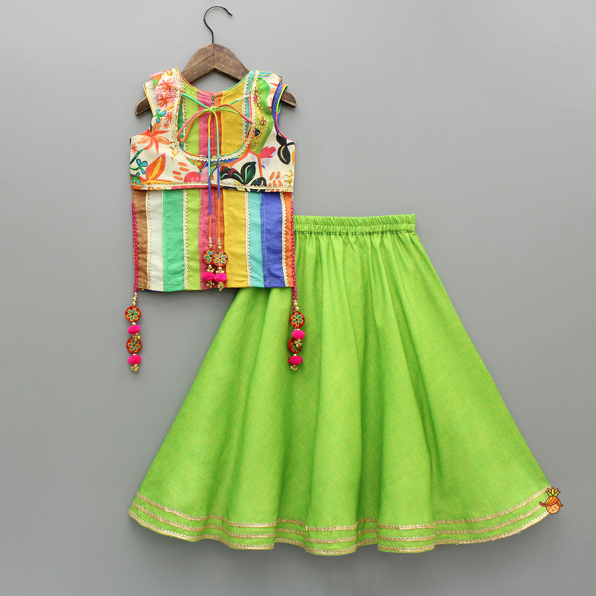 Pre Order: Multicoloured Stylish Kurta With Green Lehenga And Matching Bag