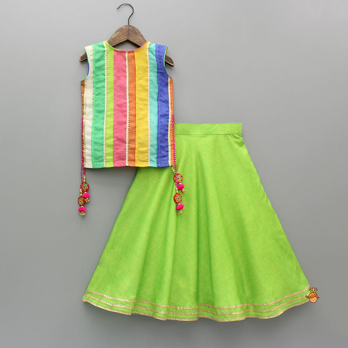 Pre Order: Multicoloured Stylish Kurta With Green Lehenga And Matching Bag