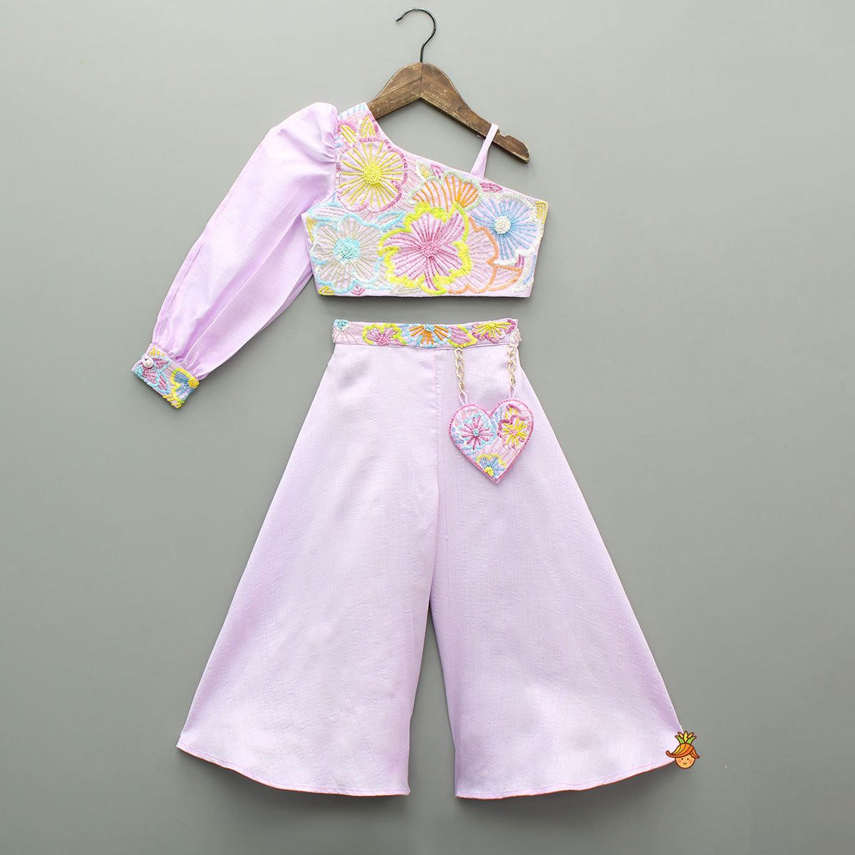 Pre Order: Lilac One Shoulder Floral Embroidered Top With Palazzo And Attached Heart Shaped Pouch
