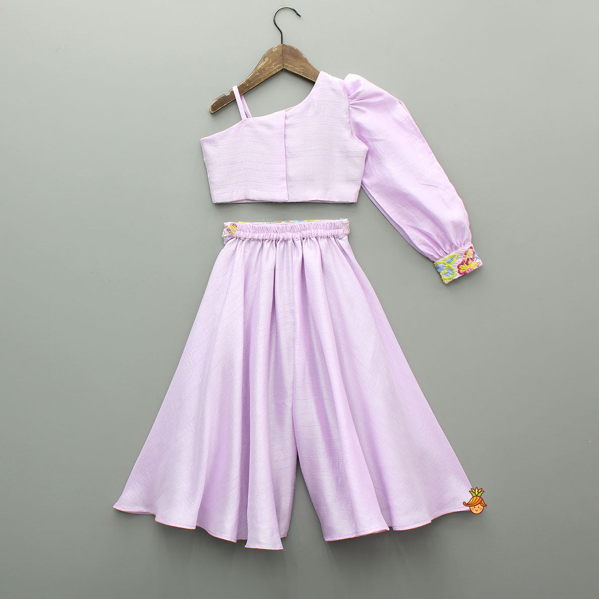 Pre Order: Lilac One Shoulder Floral Embroidered Top With Palazzo And Attached Heart Shaped Pouch