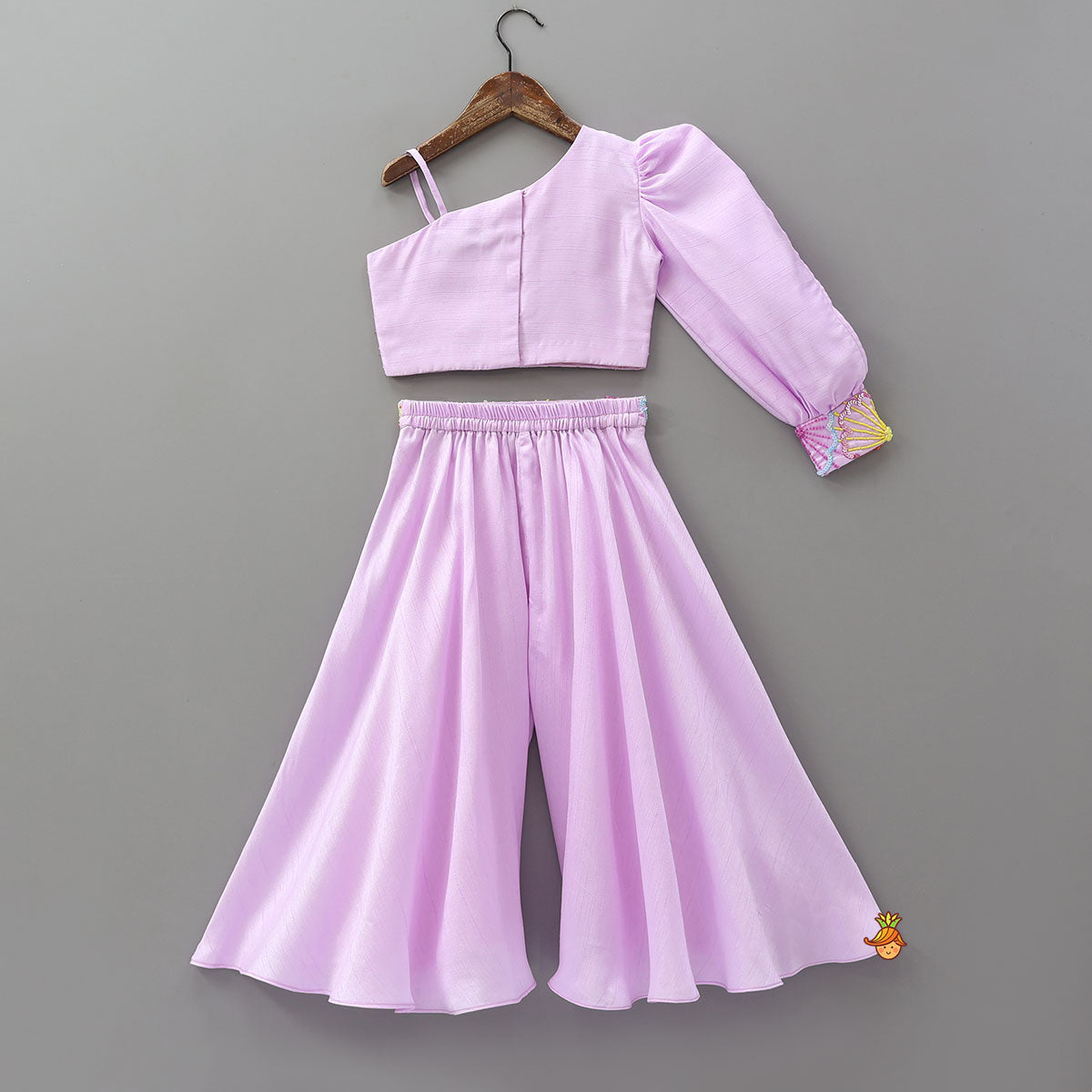 Pre Order: Lilac One Shoulder Floral Embroidered Top With Palazzo And Attached Heart Shaped Pouch
