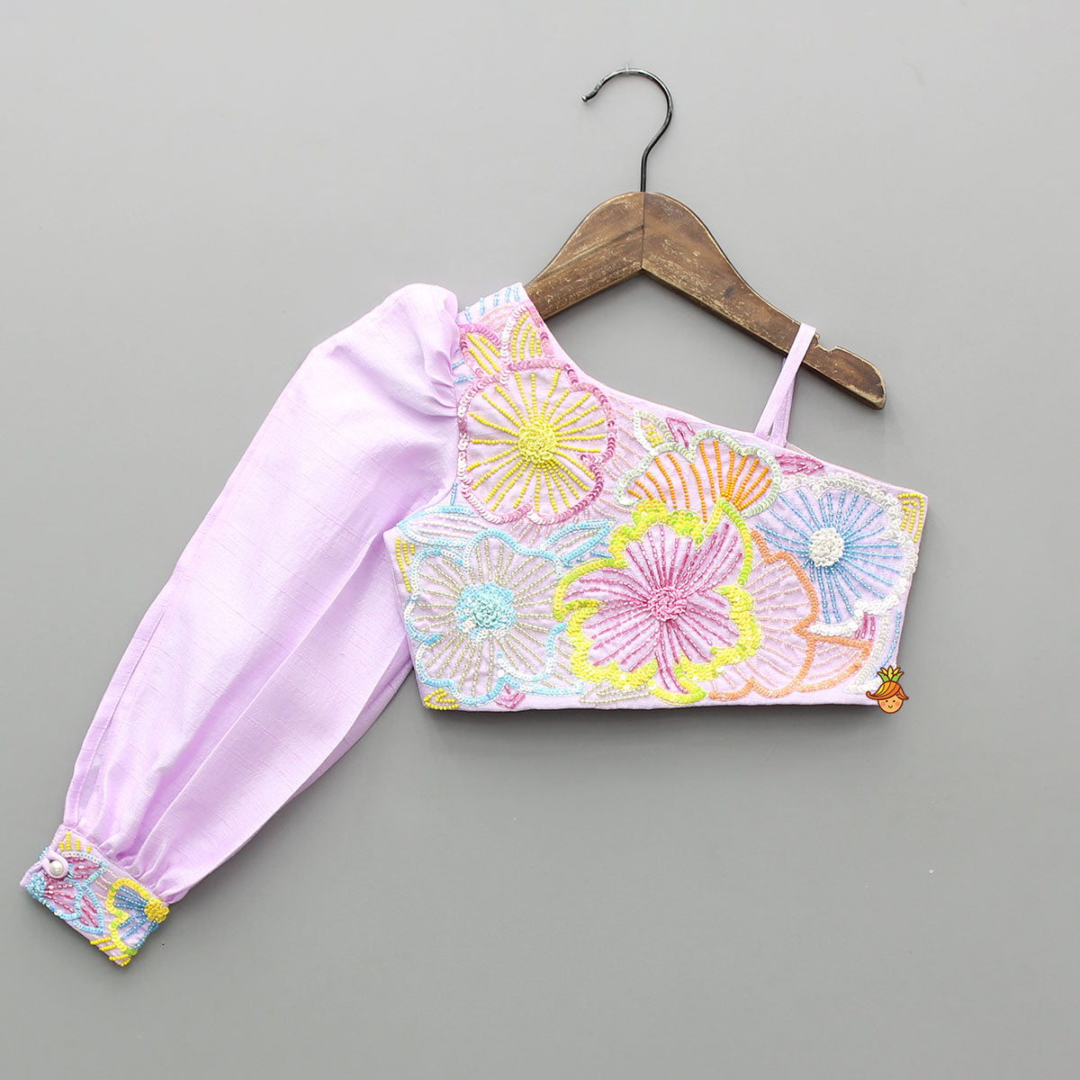 Pre Order: Lilac One Shoulder Floral Embroidered Top With Palazzo And Attached Heart Shaped Pouch