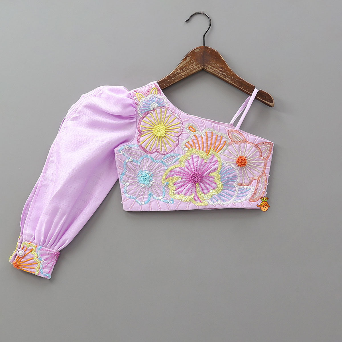 Pre Order: Lilac One Shoulder Floral Embroidered Top With Palazzo And Attached Heart Shaped Pouch