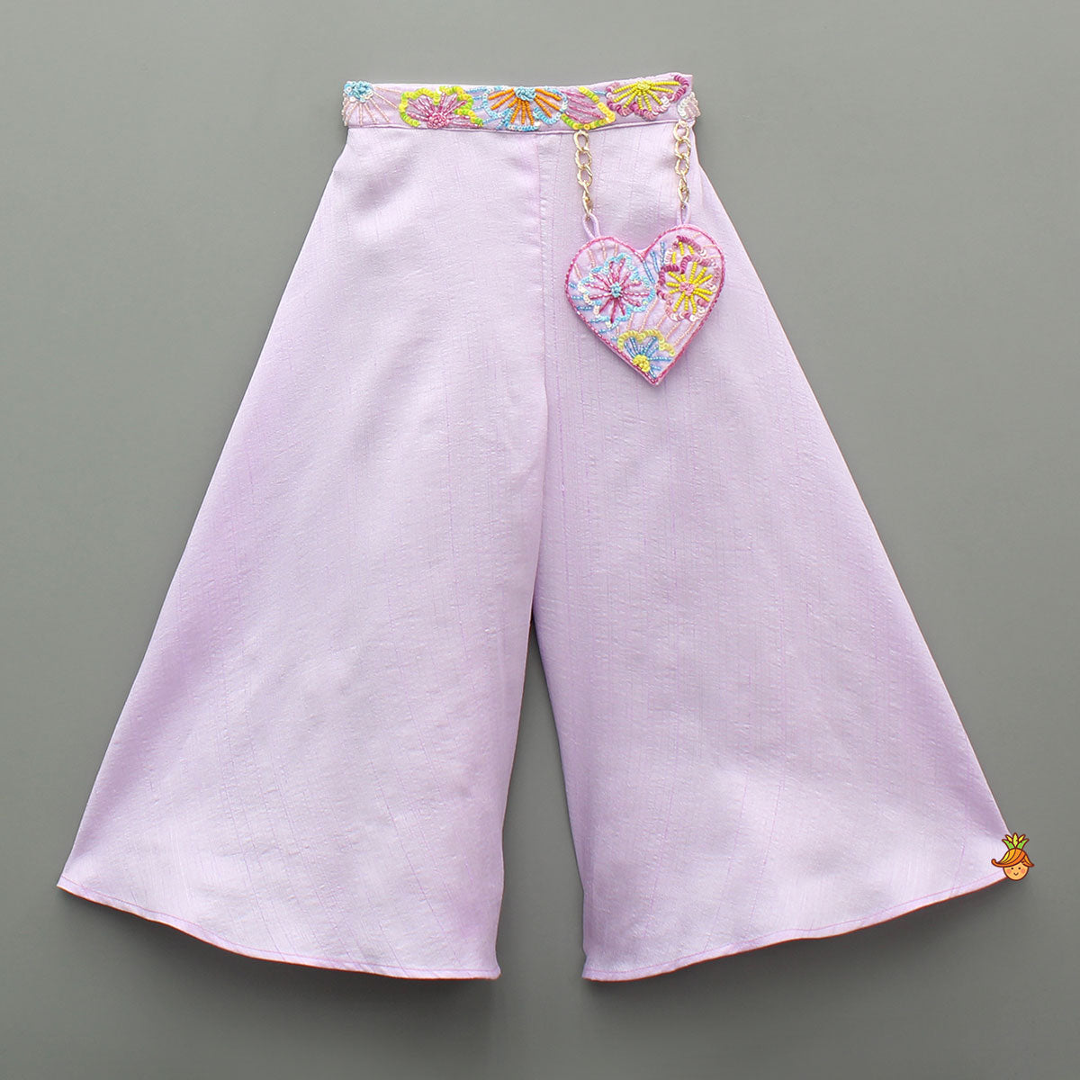 Pre Order: Lilac One Shoulder Floral Embroidered Top With Palazzo And Attached Heart Shaped Pouch