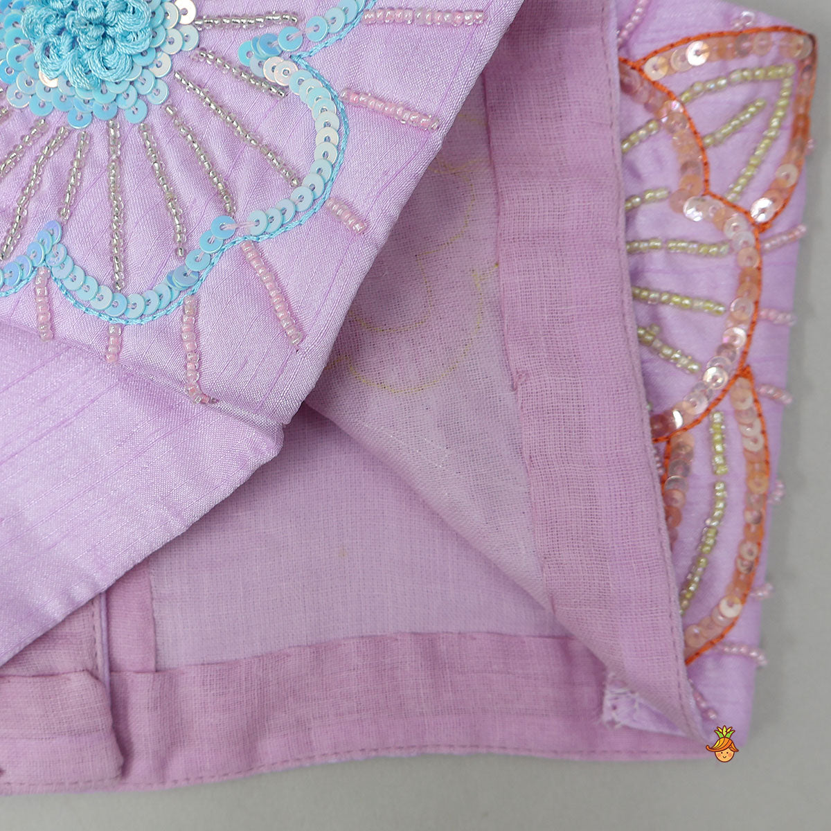 Pre Order: Lilac One Shoulder Floral Embroidered Top With Palazzo And Attached Heart Shaped Pouch