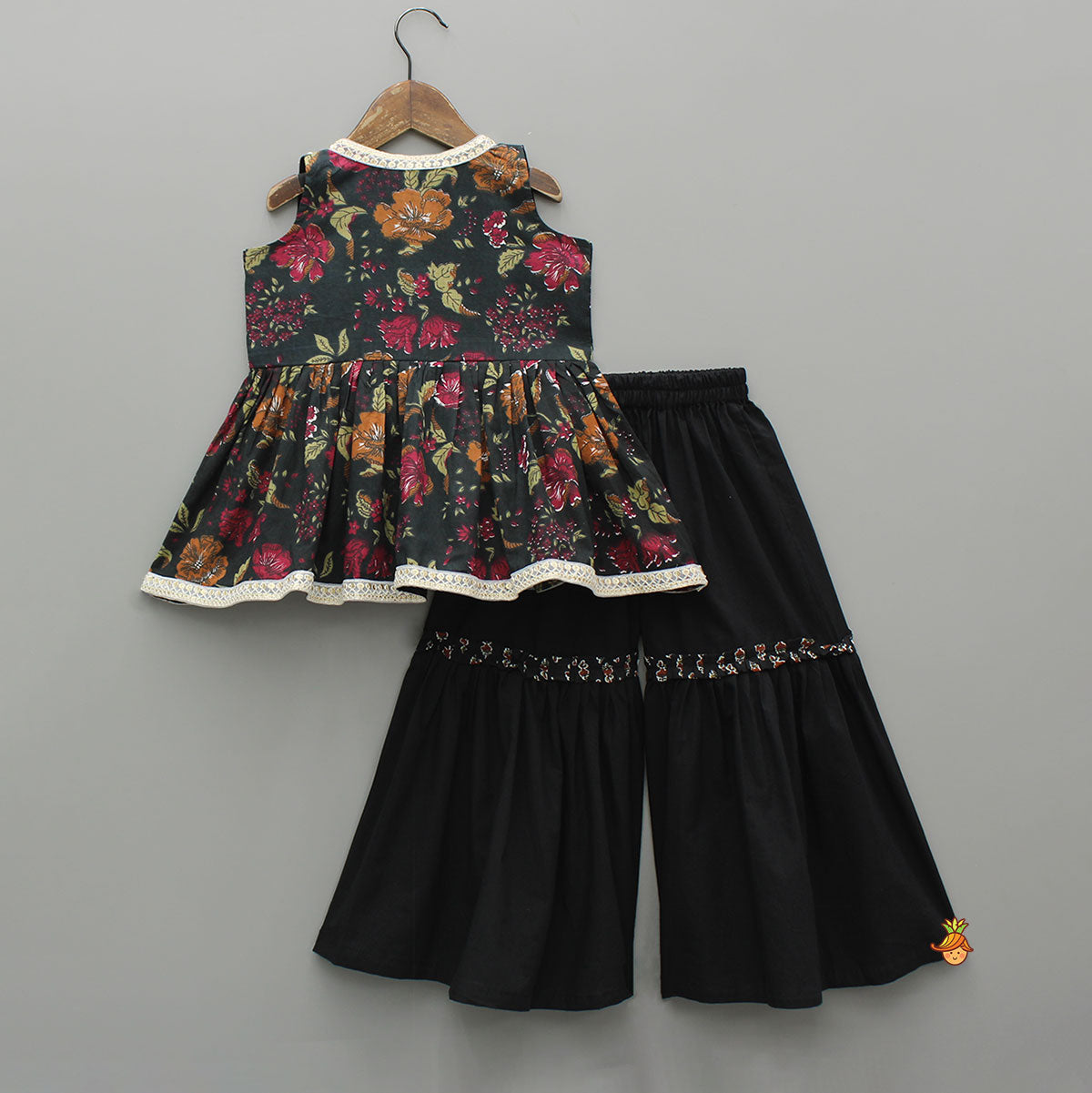 Pre Order: Strappy Printed Top With Sleeveless Peplum Kurti And Sharara
