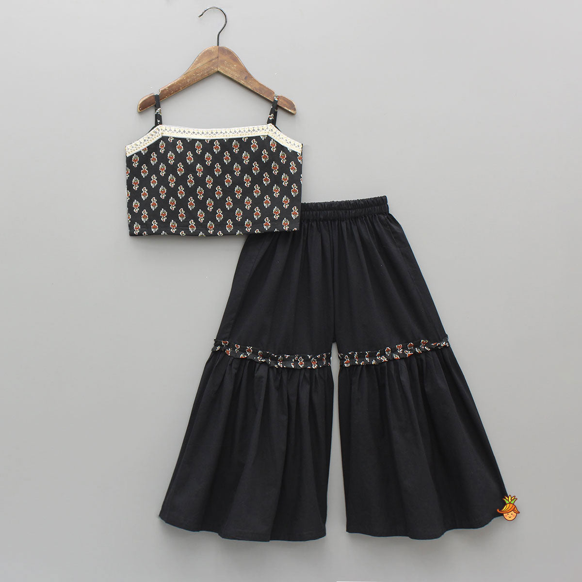 Pre Order: Strappy Printed Top With Sleeveless Peplum Kurti And Sharara