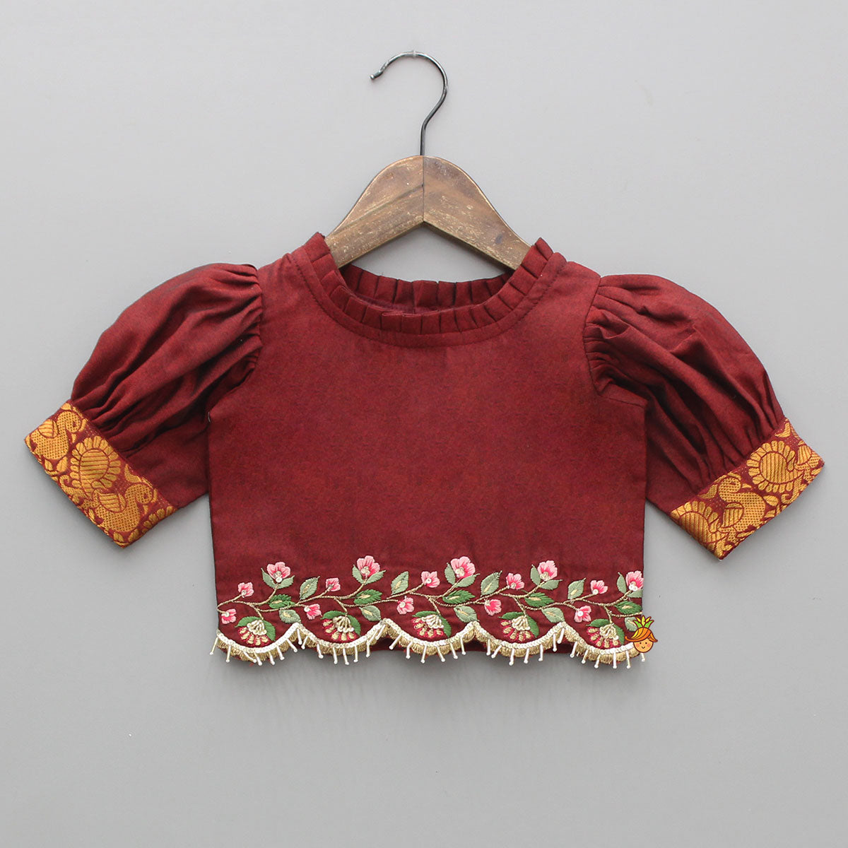 Pre Order: Maroon Floral-Embroidered Top And Pleated Lehenga