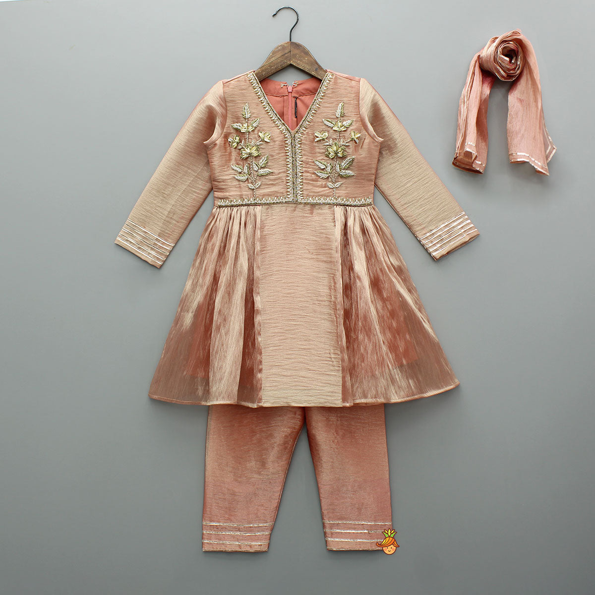 Pre Order: Peach Sheen Embroidered Kurti With Pant And Dupatta