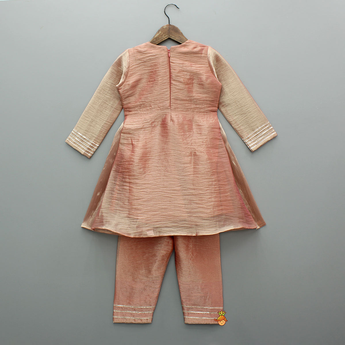 Pre Order: Peach Sheen Embroidered Kurti With Pant And Dupatta