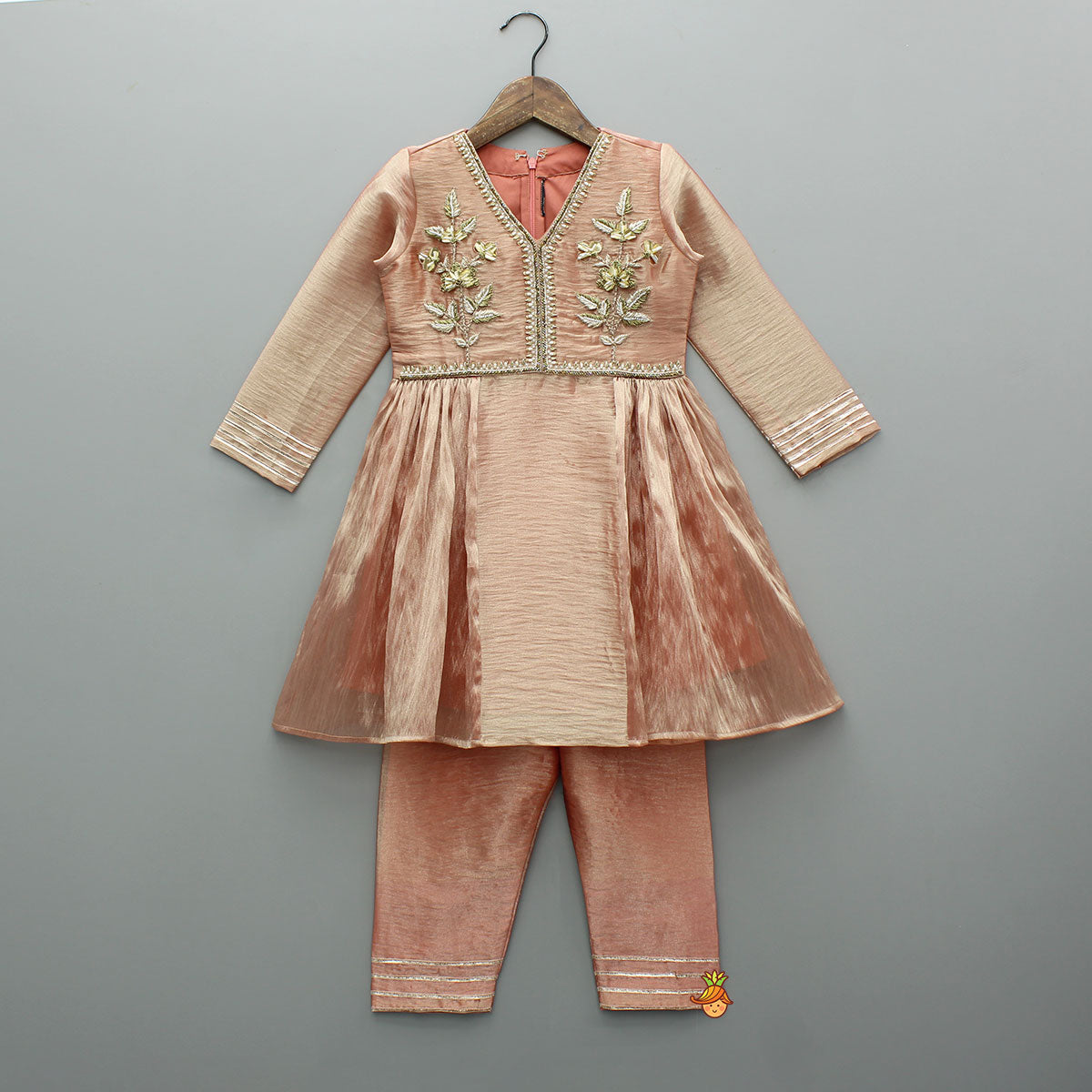 Pre Order: Peach Sheen Embroidered Kurti With Pant And Dupatta