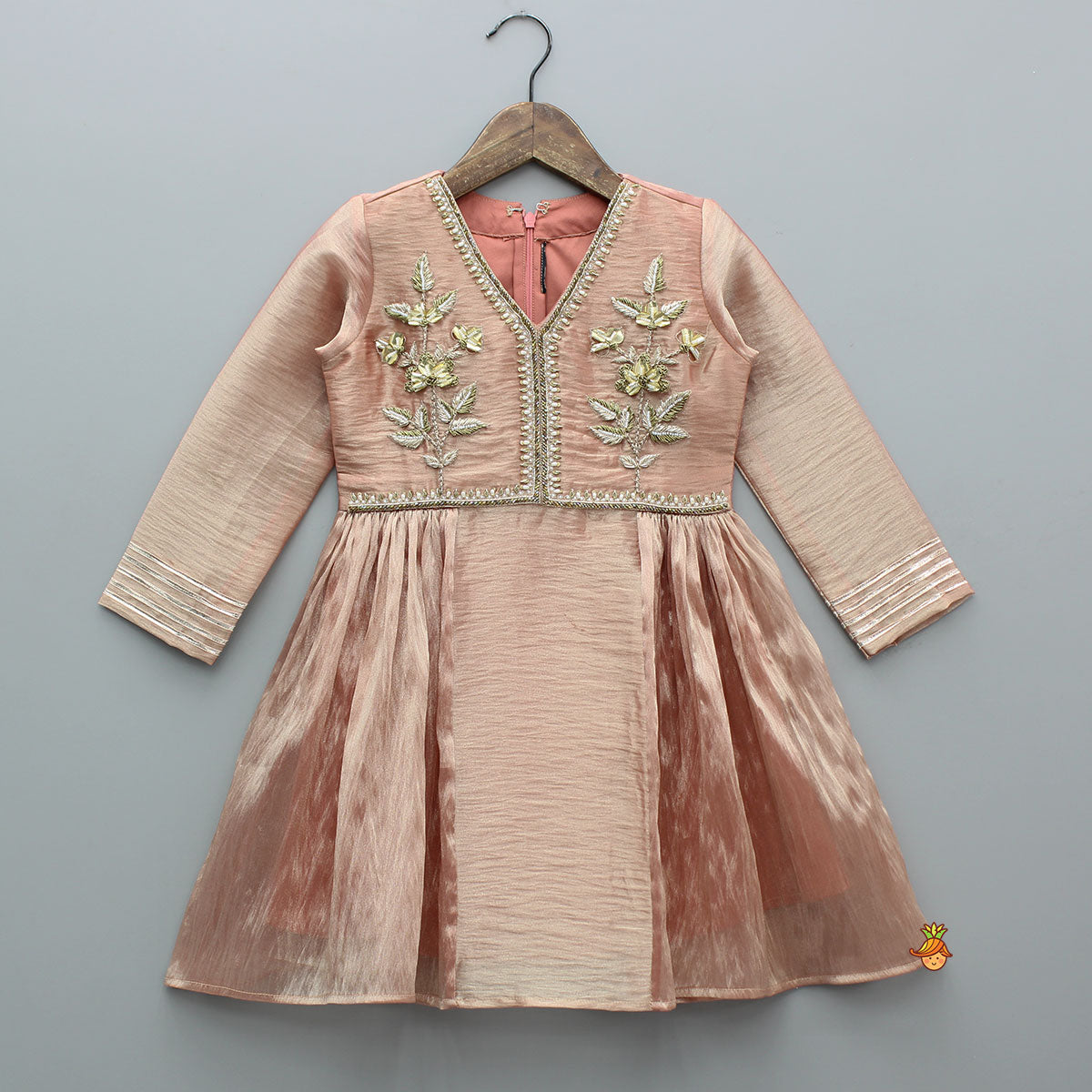 Pre Order: Peach Sheen Embroidered Kurti With Pant And Dupatta