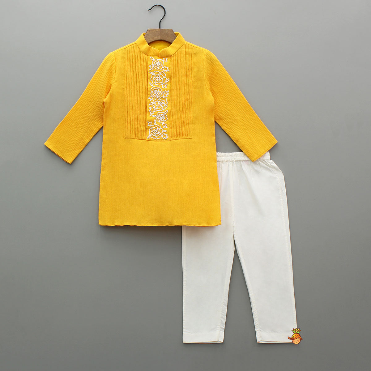 Pre Order: Yellow Embroidered Pin Tuck Detailed Kurta With Pyjama